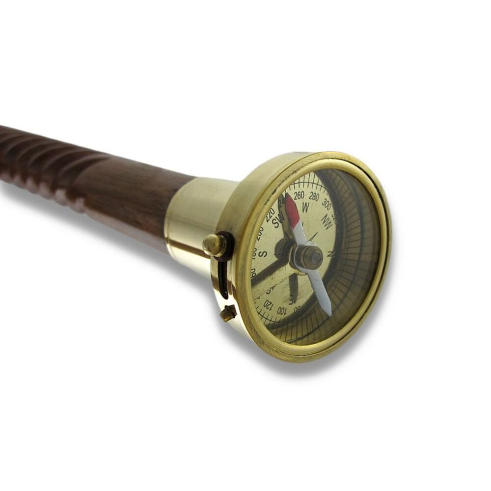 Spiral Shaft Wooden Walking Stick with Brass Compass Handle 34 inch